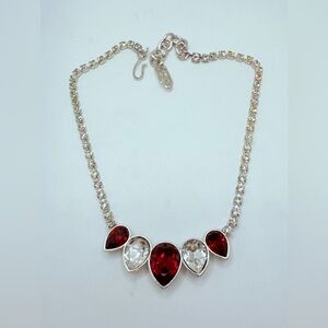 Yves Saint Laurent YSL Red & Clear Rhinestone Statement Necklace Signed Vintage